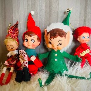 RARE VTG Lot 4 Pixies ELF Christmas BIG HEAD Knee Hugger Ornaments Sitter MCM